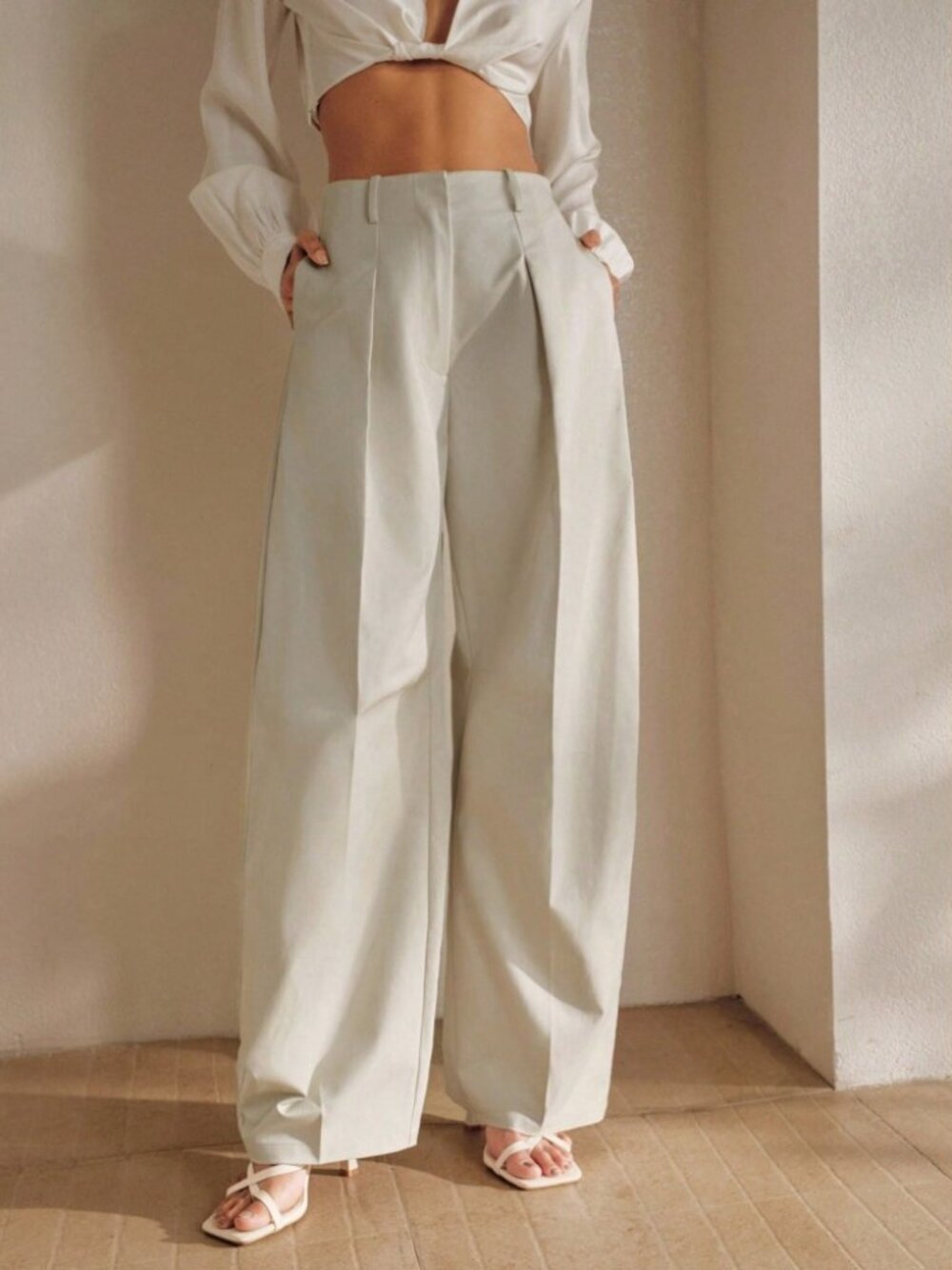 Cream Pleated High Waist Barrel Wide Leg Trousers with Belt Loops